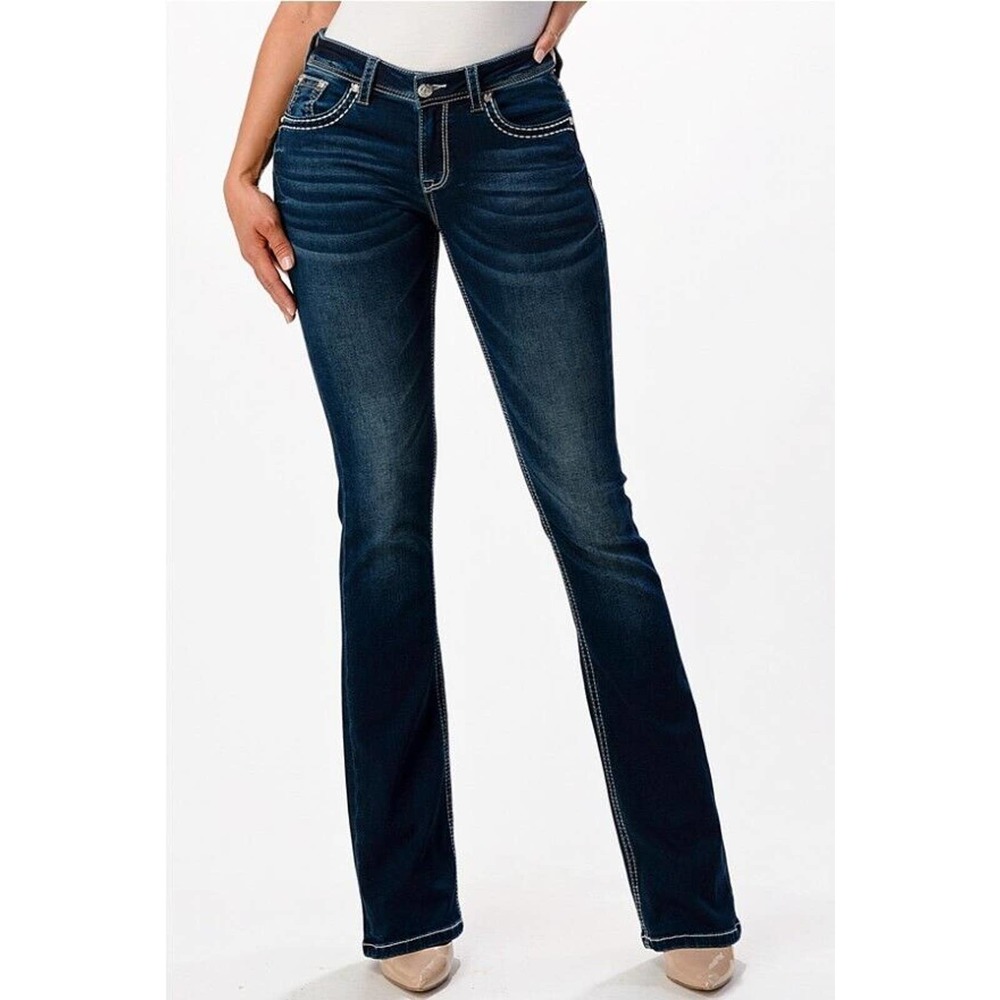 Grace in LA Women's Soft Denim Aztec Crystal Embellished Bootcut Stretch Jeans - Picture 2 of 4